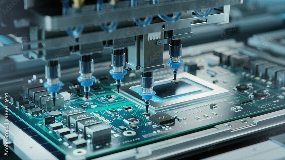 Automatic Pick and Place machine quickly installs Components on Generic Circuit Board. Electronics and Circuit board Manufacturing. Bright Environment